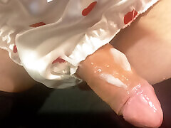 Big cock and cum of little sissy close-up. Trying out new beautiful panties