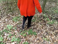 beating her tits in the woods