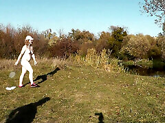 Autumn Sport. Cute sexy MILF Platinum strips naked and learns to play badbinton with lover. Naked in public. Outdoors. Outside