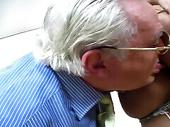 Old Pig Has a Crazy Orgy with MILFs and a Stunning Blonde Shemale