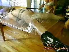 Two luscious harlots wrap a dude in public hungari10 foil and tease