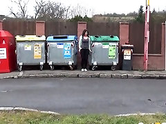 A bit kiss pussy lips lesbian amateur brunette gal squats down and pisses between refuse bins
