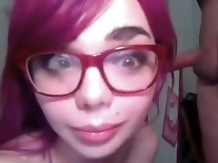 Purple haired sex xx 3 chick in glasses gives stout BJ to her fellow on webcam