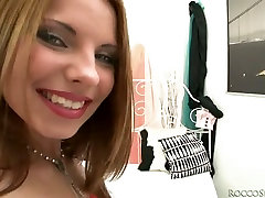 Fair haired slutty bitch with pierced tongue blows hard cock
