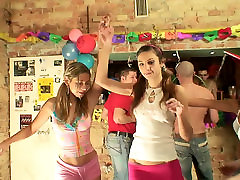 Frisky young chics welcome tongue fuck and give blowjob in group sex orgy