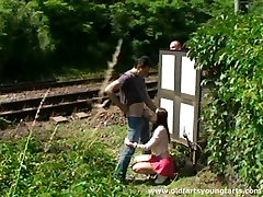 Lewd brunette harlow gives a head to her lover in public during daytime