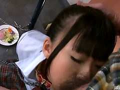 Poor Japanese college girl Chika Ishihara eats food and sucks hard cock