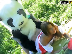 Lusty Red Riding Hood Madelyn gets her muff nailed by a guy in Panda costume