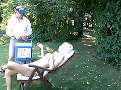 Delicious curvy blond cutie tops kinky bald daddy to ride him cowgirl style outdoors
