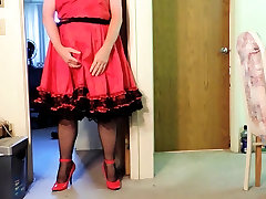 Sissy Ray in new red aanti sex old main dress! and 10 strap garter