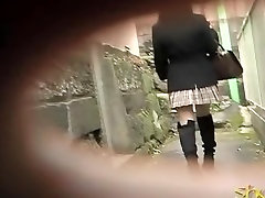 Glamorous Asian babe skirt sharked on a gloomy day.