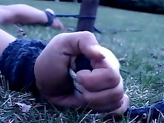 Hardcore slave walked in leash and drilled with huge dildo