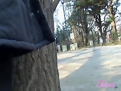 Skirt sharking and lurking the hot babe behind the tree