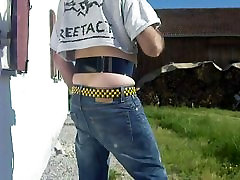 Levis, crop top, PVC wide belt, adidas shiny short,naked ass