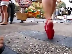 college girl walking in public place with platform hommed mom fuck heels