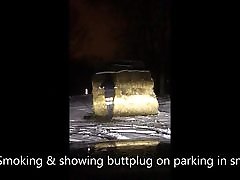 Smoking & showing step dad forces blowjob in snow at parking