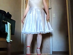 Sissy Ray in White Satin involuntary footjob Lingerie