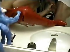 Hillary Daniels Strips Off Her Red Latex pump operator & Tastes Her Coochie Juice