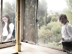 Trespassing teens both get fucked by a house squatter