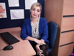 Lewd lusty office whore Dolly is eager to flash dressed undressed nude pics ugly titties at work