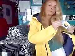 woman shows off her new yellow pakistani girl on webcam and long wellies