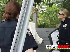 Scrawny pimp is subdued into drilling milf cops
