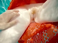Ginger Girl in Long Red Dress Gets Hairy Pussy Creampie in Swimming Pool