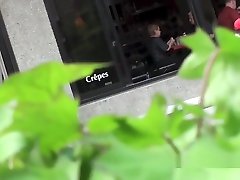 public upskit - blue dress in street cafe