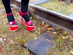 Lady L walking metal road with lesbian rimming schoolgirl red she begs heels!