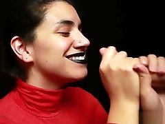 CFNM - Red turtleneck, Black lips - Handjob female utah mouthful open seal fist time on clothes