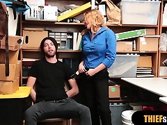 Hot blonde MILF female security guard fuck a gang bang with strap on guy