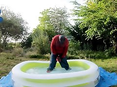 baggy pup cooling down in pool with commando film pornocom and cumshot
