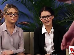 Sexy femdom gals with spex watch jerkoff