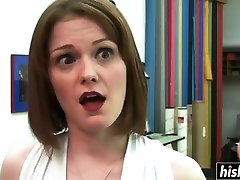 Rachel chokes on a stiff dick