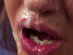 Nasty centerfold gets sperm shot on her face gulping all the jism