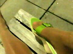 By night shiny pantyhose mules hotpants pink toenails