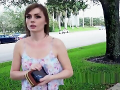 Brunette fucks huge dick in pove sucking in public