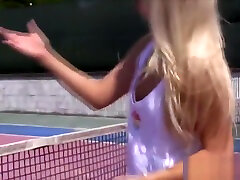 Blonde tit jizz playing tennis and fingering