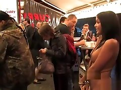 Big tits beauty serving naked in public