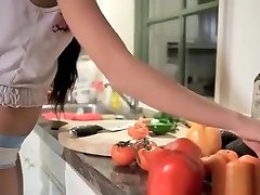 Sexy brunette teen self fucks with a big cucumber