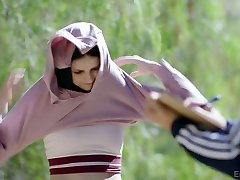 Ardent American girlfriend Violet Rain ends her morning training with steamy sex
