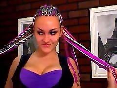 Techno looking girl riding dildo with huge tits jumping