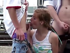 Young teen girl Alexis Crystal PUBLIC sex threesome orgy at railway station