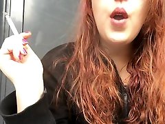 fat onlineveyanty Redhead Teen Smoking in Pink Bra and Black Hoodie Outside in Public