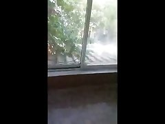 wanking on stairs of a building
