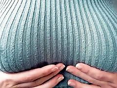 Big Tits, Playing, Teasing, in a Tight, Knitted Sweater