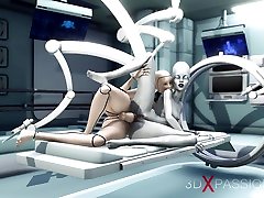 Alien lesbian sex in sci-fi lab. Female android plays with an alien