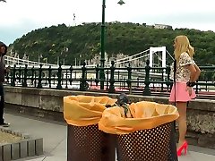 Leashed public slut spitroasted in crowded pub