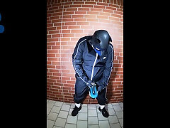 scally pup in shiny tracksuit pawing off and sniffing