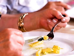 MATURE4K. Woman with lust in eyes gives muff to the waiter